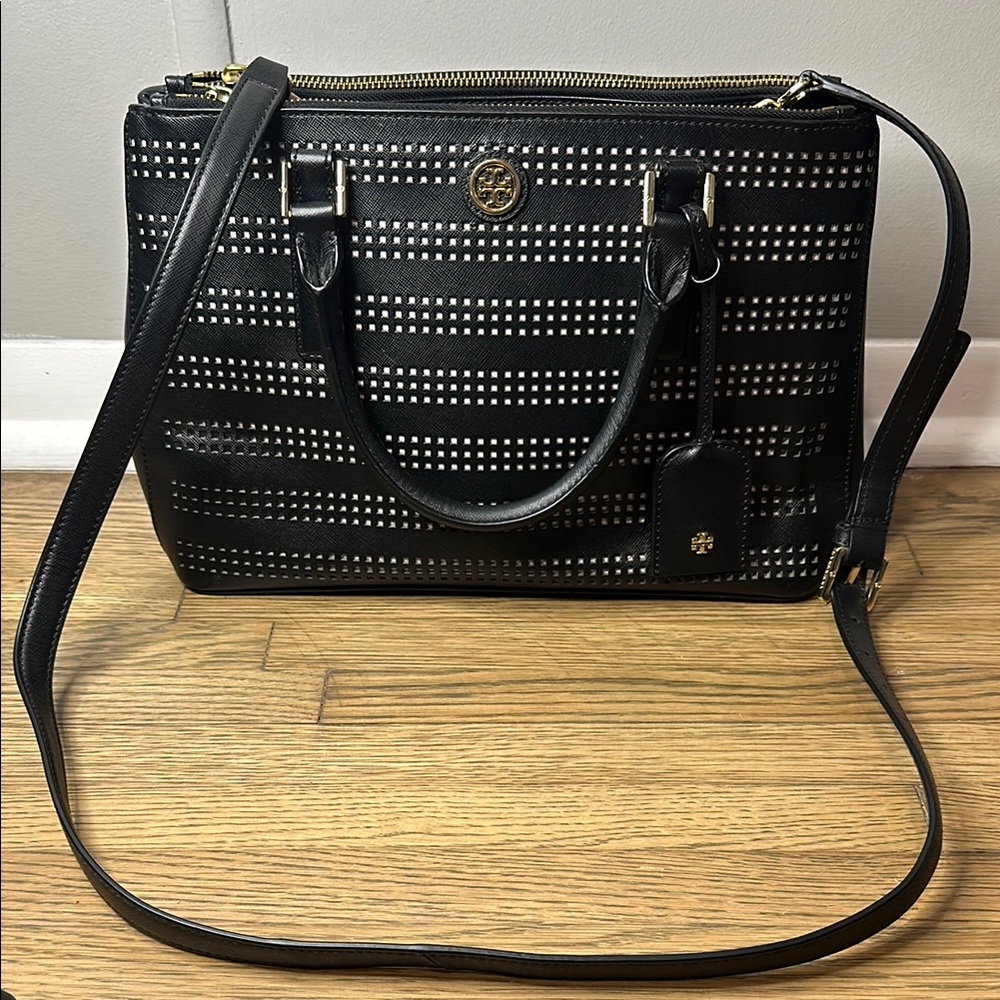 Tory Burch Robinson Double Zip Black Saffiano Leather Crossbody Handbag Purse